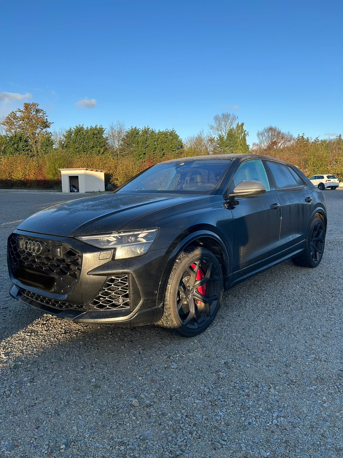 Audi RS Q8 noire sale et poussiéreuse avant lavage